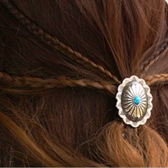 Southwest Silver Pumpkin Concho Flower Turquoise Blue Elastic Band Hair Tie (B) - Picture 3 of 3